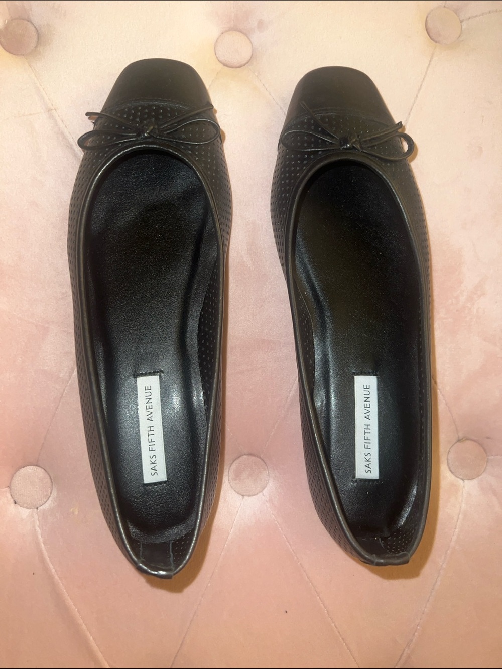 Saks Fifth Avenue Black Perforated Leather Ballet Flats with Bow